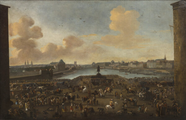 Pieter Bout (1658 -1719) (Attribué à) , Vue de Paris : scène animée sur le Pont Neuf au niveau de la statue équestre d’Henri IV
